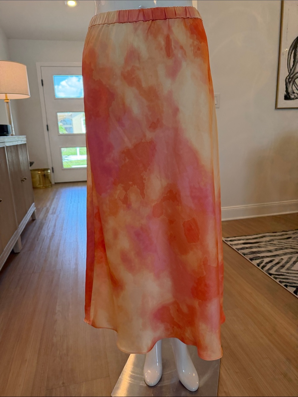 Women's Watercolor Tie-Dye Midi Skirt - Pink & Orange